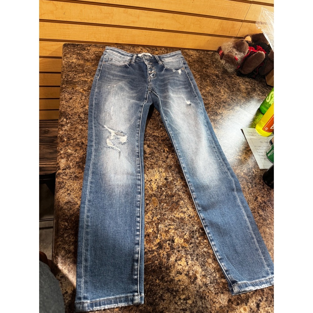 Mica Denim Los Angeles Distressed Skinny Jeans Blue Button Fly Size 27